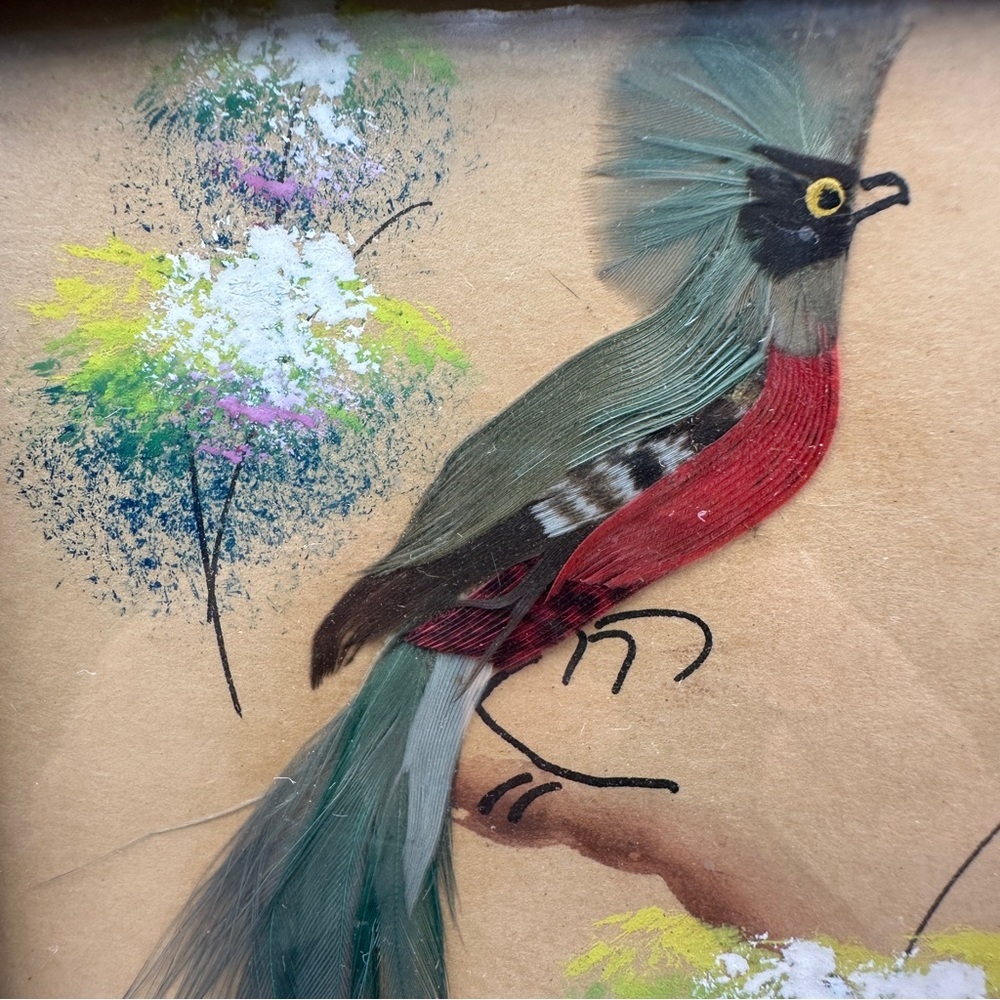 Vibrant Vintage Mexican Folk Art Feather Craft Blue Bird Picture Carved Frame - Picture 3 of 14